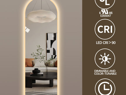 LED Full Length Wall Mirror With Symmetrical Arch Design, Dimmable 3 Color Temperature Lighting - Silver