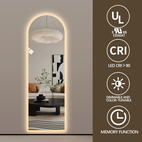 LED Full Length Wall Mirror With Symmetrical Arch Design, Dimmable 3 Color Temperature Lighting - Silver