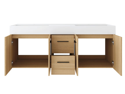 Floating Double Sink Bathroom Vanity With Drawers And Doors, Extra Large Storage, Integrated Sink, Soft Close Hardware - Glossy White / Light Oak