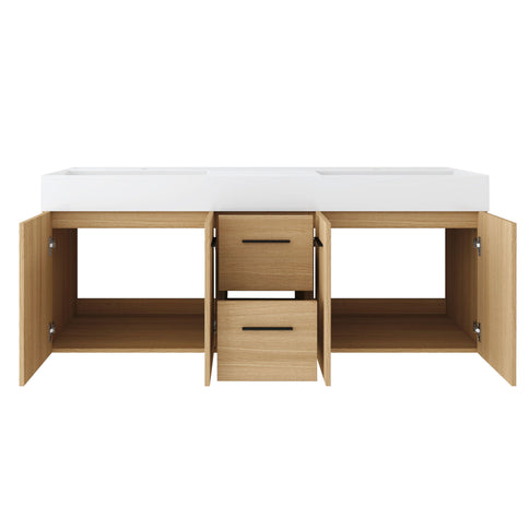 Floating Double Sink Bathroom Vanity With Drawers And Doors, Extra Large Storage, Integrated Sink, Soft Close Hardware - Glossy White / Light Oak