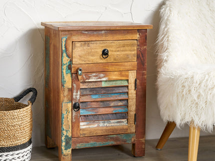 Recycled Wood Side Table With Drawer And Door - Natural