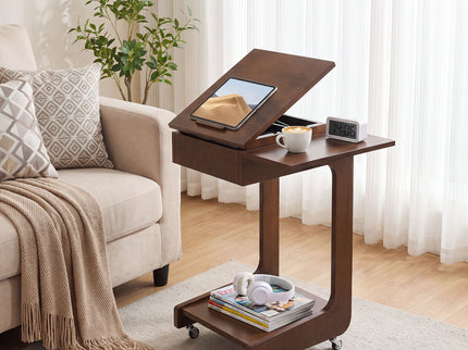 C - Shaped End Table, Rolling With 360° Adjustable & Foldable Desktop, Couch Table With Laptop Stand For Living Room - Walnut