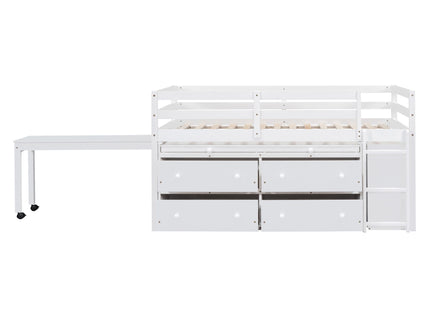 Loft Bed With Retractable Writing Desk And 4 Drawers, With Lateral Portable Desk And Shelves