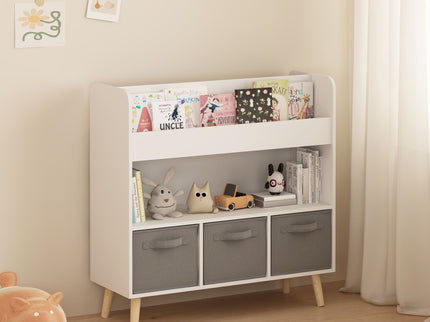 Bookshelf With 3 Bins, Storage Shelf For Toys And Books - White