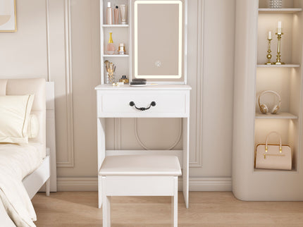 Modern Mini Dressing Table With Led-Lit Mirror & Hidden Storage, Adjustable Brightness Vanity Desk - White