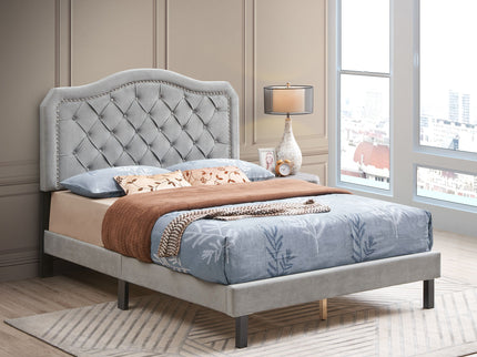 Queen Platform Upholstered Bed Button Tufted With Curve Design, Strong Wood Slat Support - Gray