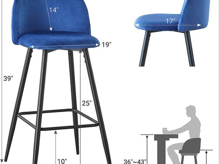 Bar Stool (Set of 2) Modern Counter Bar Height Chair With Back, Sturdy Metal Legs & Footrests, Island Stool For Kitchen Bar - Blue