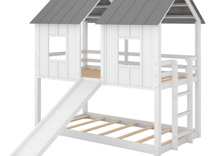 Twin Over Twin House Bunk Bed With Slide And Windows - White / Gray