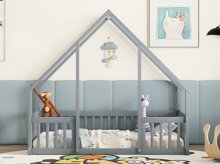 Wood House-Shaped Floor Bed With Fence, Guardrails