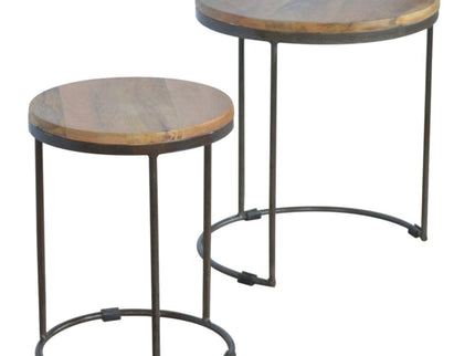 Round Stool Table With Iron Base (Set of 2) - Brown / Black