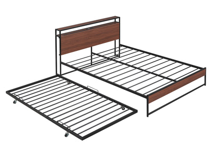 Platform Bed Frame With Trundle, USB Ports And Slat Support, No Box Spring Needed