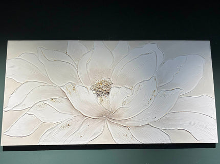 Lotus Flower Canvas Wall Art, Hand Painted Textured Floral Painting - Antique White