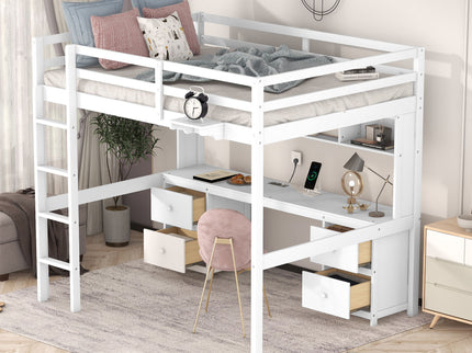 Loft Bed With Desk, Cabinets, Drawers, Charging Station And Bedside Tray