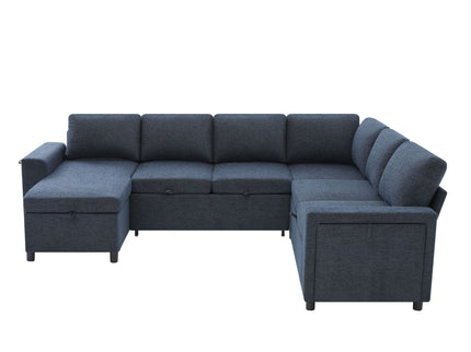 U - Shaped Convertible Sectional Sofa Bed With Storage, USB Charger & Cup Holders