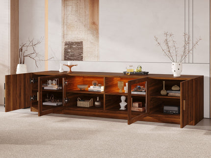 TV Stand, Media Console With Glass Doors And LED Lights, Adjustable Shelf Storage - Walnut
