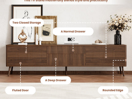 Fluted TV Stand With Storage Drawers And Cabinets For TVs Up To 80", Soft-Close Hinges, Cable Management - Walnut