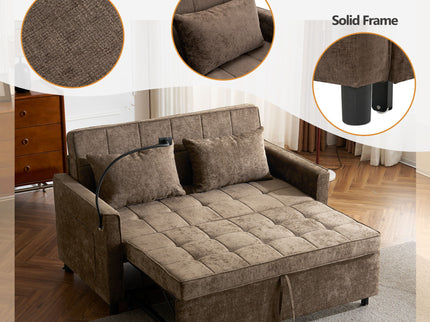 Pull-Out Sleeper Sofa With Reversible Backrest Cushion, Side Pockets, 2 USB Ports And A Phone Holder For Living Room