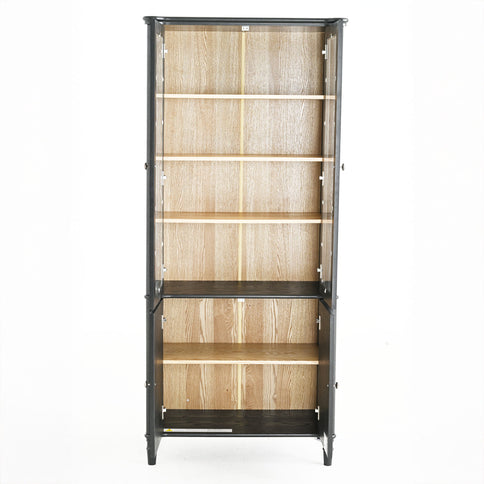 Vintage Display Cabinet With Double Glass Doors, Traditional Style For Collectibles, Ash Wood Veneer, 73.25" Tall - Black / Natural