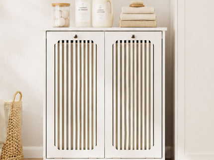 Louvered Flip Top Laundry Cabinet With Dual Fabric Baskets - White
