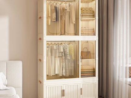 Portable Wardrobe Closet Storage Organizer For Clothes, 9 Magnetic Doors With 9 Cubes & 2 Hanging Rods, 6 Hangers - Cream White