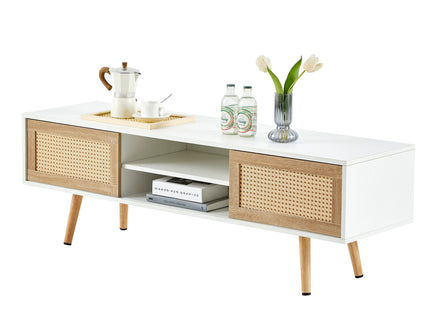 55.12" Rattan TV Cabinet, Double Sliding Doors For Storage, Adjustable Shelf, Solid Wood Legs, TV Console For Living Room