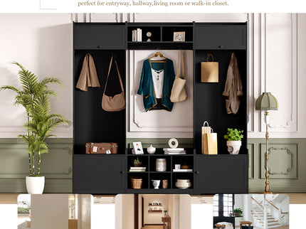 Wide Hall Tree With Shoe Storage, 4 In 1 Entryway Bench With 8 Cubbies, 7 Coat Hooks & Adjustable Shelf For Hallway - Black