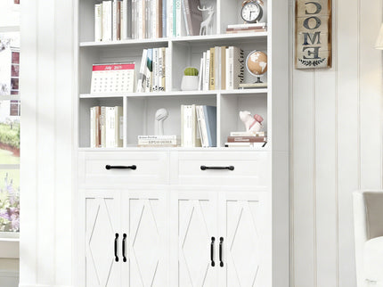 Bookcase Tall With 2 Doors & 2 Drawers, Fixed Open Shelves - White