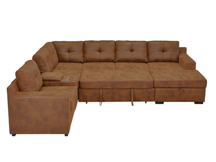 U - Shape Sectional Pull Out Bed With Console, Storage, And USB Charging