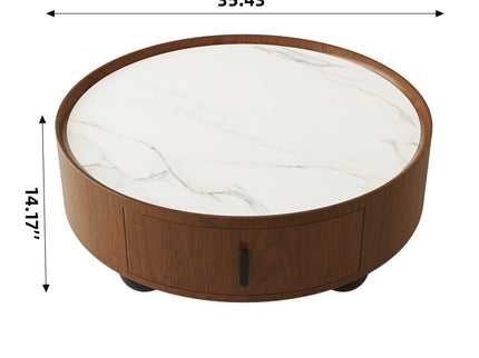 Round Coffee Table With Ball Feet, Pull Handle Storage Drawer - Bouguer Walnut / Brown