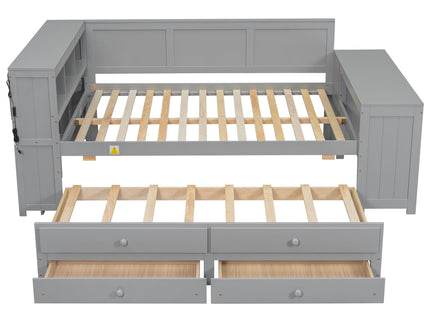 Daybed With Storage Shelves, Drawers, Trundle, Charging Station, LED Light, Desk And Cabinet