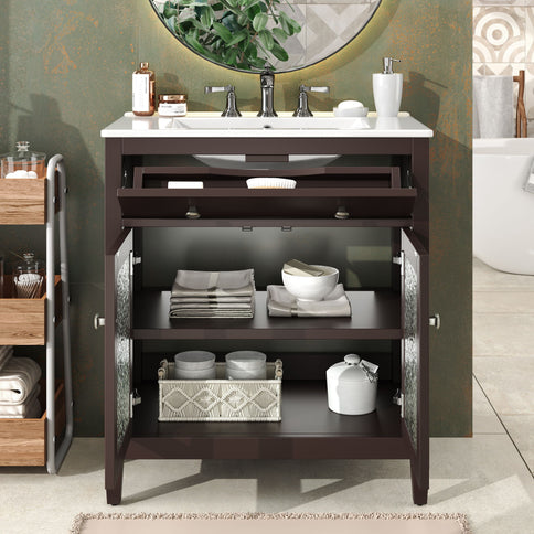 Bathroom Vanity With Ceramic Sink, Adjustable Shelf & Tip Out Tray