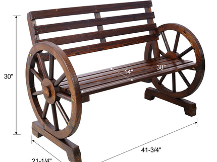 Rustic Country 2 Person Wooden Wagon Wheel Bench With Slatted Seat And Backrest - Brown