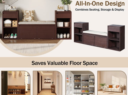 Entryway Storage Bench With Cushion, Drawers & Open Shelves