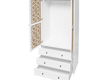 Hollow Pattern 2 Door 3 Drawer Wardrobe, The Collision Of Wood Color, Suitable For Bedrooms And Dressing Rooms - White