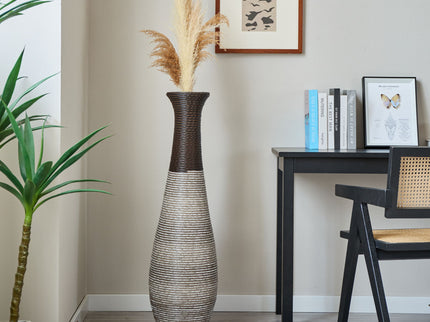 Tall Standing Designer Floor Vase Durable Artificial Rattan Elegant 2 Tone Finish Ideal Decor Accent For Living Room, Bedroom, Entryway Stylish Home Decor Statement Piece - Black / Gray