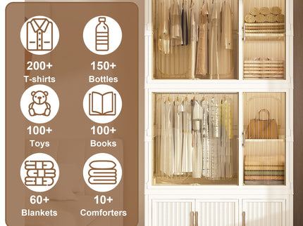 Portable Wardrobe Closet Storage Organizer For Clothes, 9 Magnetic Doors With 9 Cubes & 2 Hanging Rods, 6 Hangers - Cream White