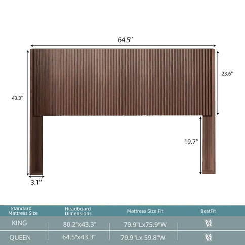 Queen Headboard Only, Fluted Panel Design - Walnut