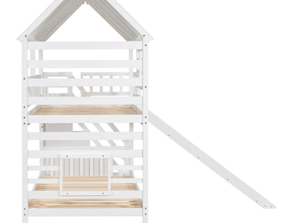 House Bunk Bed With Trundle, Storage Staircase, Roof And Window Design