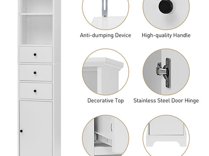 Tall Storage Cabinet With 3 Drawers And Adjustable Shelves For Bathroom