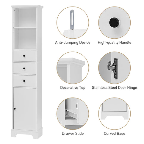 Tall Storage Cabinet With 3 Drawers And Adjustable Shelves For Bathroom
