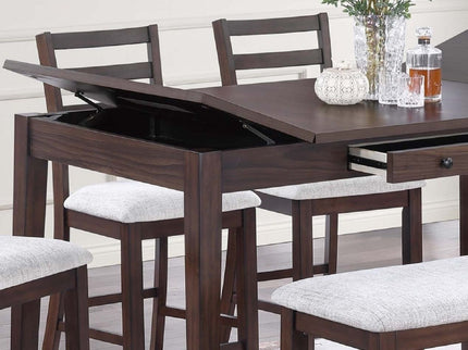 6 Piece Counter Height Dining Set Table With Storage Ladder Back Chairs And Bench - Walnut