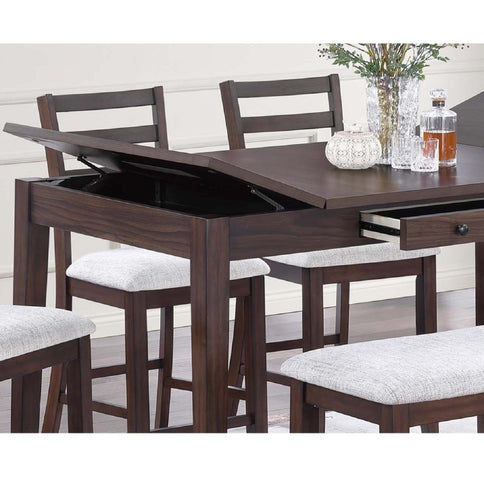 6 Piece Counter Height Dining Set Table With Storage Ladder Back Chairs And Bench - Walnut