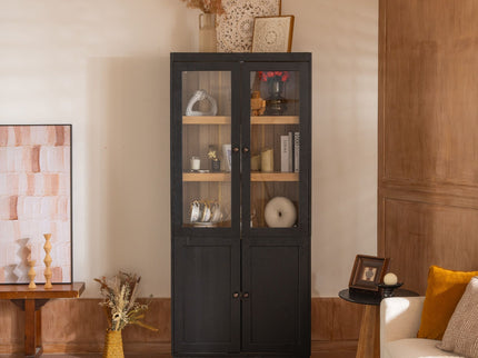 Mid Century Modern Style Tall Display Cabinet With Glass Doors For Collectibles - Black