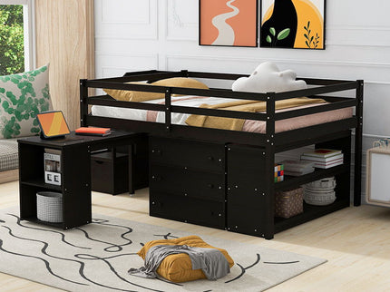 Loft Bed With Retractable Writing Desk And 3 Drawers With Storage Stairs And Shelves