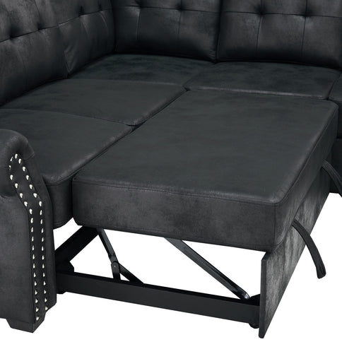 U Shape Sectional Sleeper Sofa With Pull Out Bed And Storage Chaise - Black