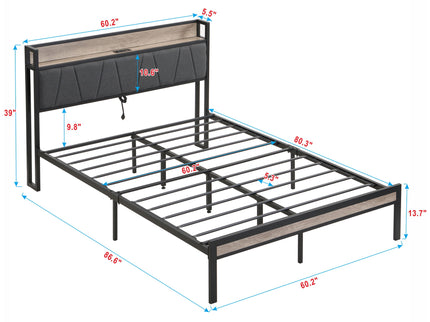 Modern Bed Frame With LED Lights, Upholstered Headboard, USB Charging