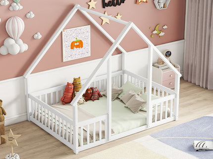 Wood House-Shaped Floor Bed With Fence, Guardrails