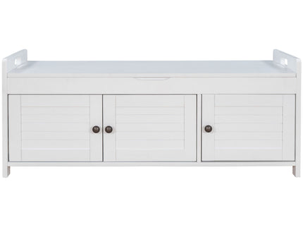Storage Bench With 3 Shutter-Shaped Doors, Shoe Bench With Removable Cushion And Hidden Storage Space
