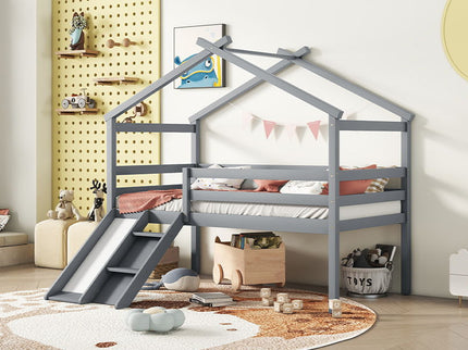 Low Loft House Bed With Slide, Ladder, Safety Guardrails, House Roof Frame