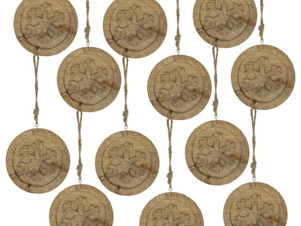 Wooden Hanging Circle With Snowflake Cut Decorative Hanging Christmas Tree Ornaments For Holiday Party Decorations (Set of 12) - Multi